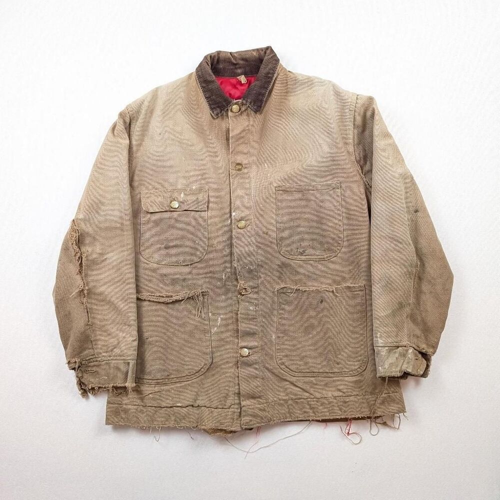 Vintage 70s Distressed Brown Chore Coat Barn jacket Tan Workwear Size L?